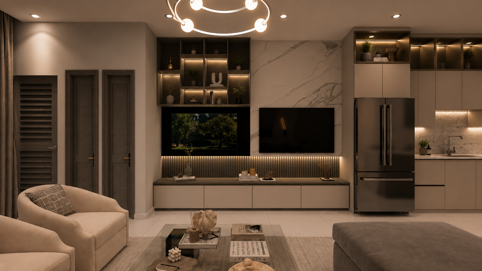 The Summit penthouse open-plan living and kitchen, night